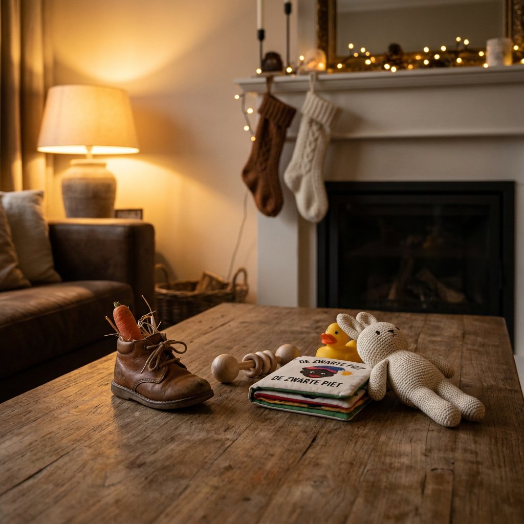 Kleine babycadeautjes zoals een rammelaar, zacht knuffeltje en babyboekje liggen bij een kinderschoen in een warme, huiselijke Sinterklaassfeer.