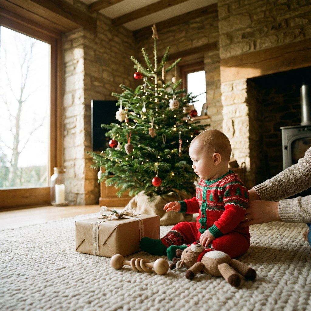 Baby in zachte kerstpyjama zit op een kleed bij een kleine kerstboom en verkent een ingepakt cadeau in warm daglicht thuis.