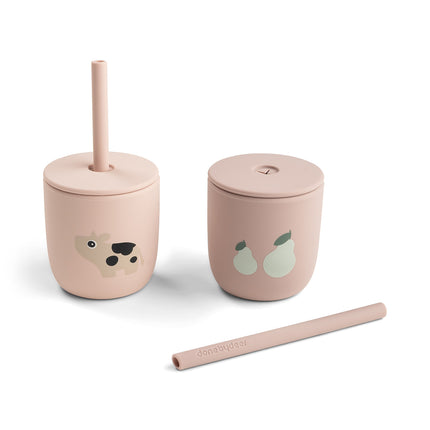 Silicone straw cup 2-pack Tiny farm Roze