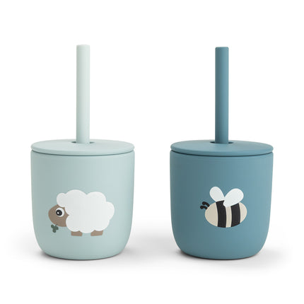 Siliconen drinkbeker met rietje, 2-pack Tiny farm Blue