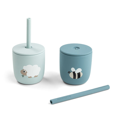 Siliconen drinkbeker met rietje, 2-pack Tiny farm Blue