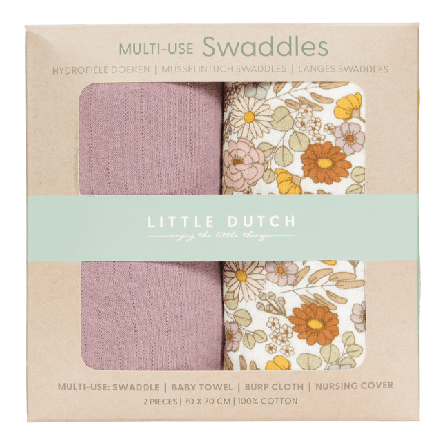 Little Dutch Hydrofiele Doek Vintage Little Flowers Pure Mauve 70x70cm - Little Dutch - Babywinkel - 8718734810254