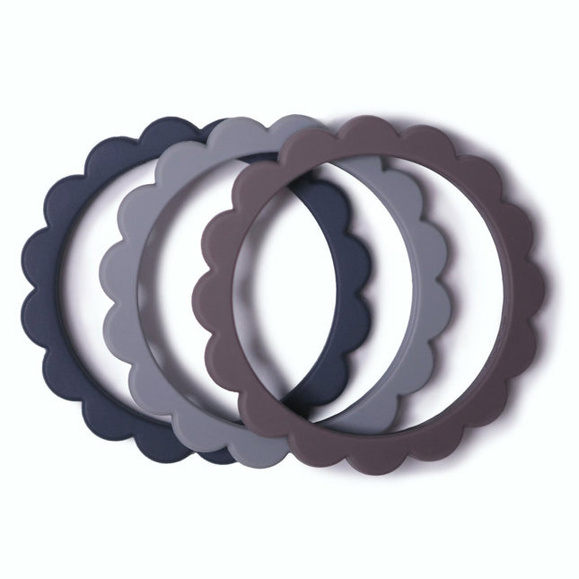 Mushie Bijtring Set Bloemen Steel/D.Gray/Ston 3st - Mushie - Babywinkel - 810052461489