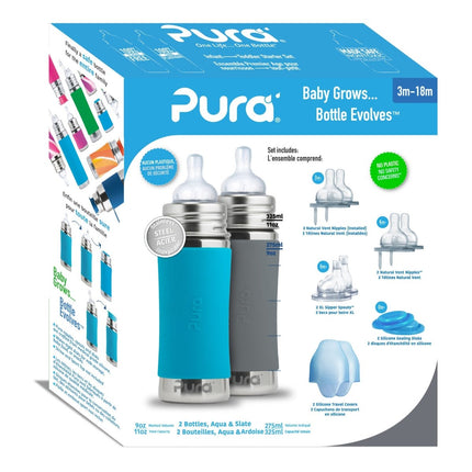Pura Babyfles Staterset 325Ml Aqua/Grijs 12 delig - Pura - Babywinkel - 858312007411