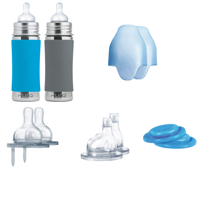 Pura Babyfles Staterset 325Ml Aqua/Grijs 12 delig - Pura - Babywinkel - 858312007411