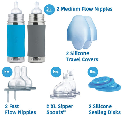 Pura Babyfles Staterset 325Ml Aqua/Grijs 12 delig - Pura - Babywinkel - 858312007411
