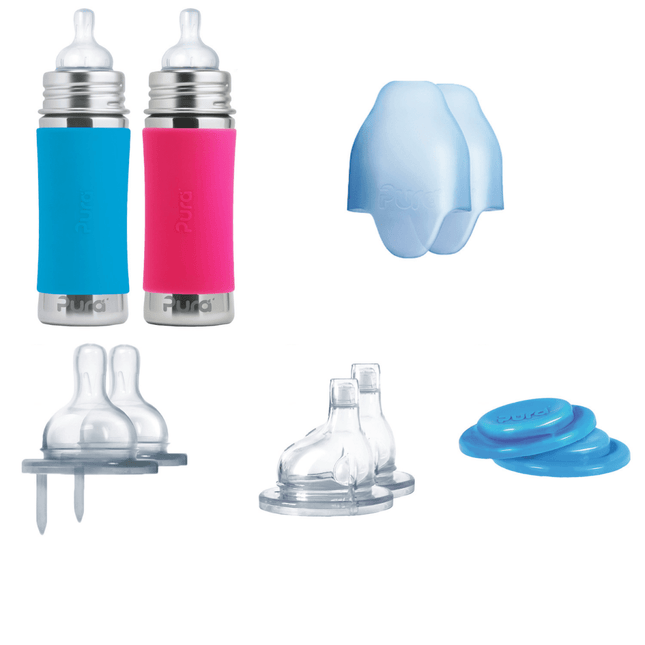 Pura Babyfles Staterset 325Ml Aqua/Roze 12 delig - Pura - Babywinkel - 858312007121