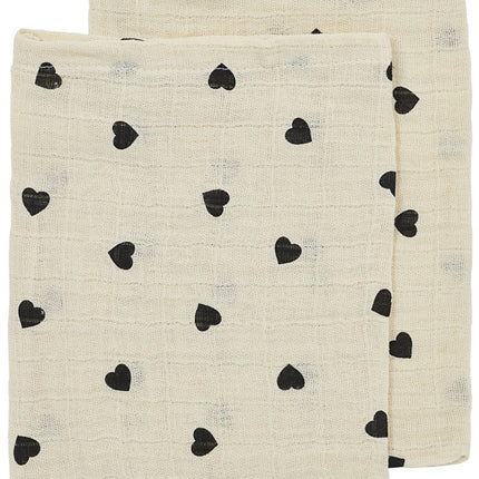 Washandjes 2 - pack pre - washed hydrofiel Sweet Heart - soft sand/black - 20x17cm - Babywinkel - 4054703083125