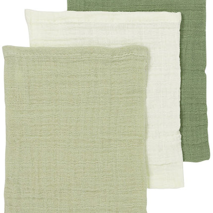 Washandjes 3 - pack pre - washed hydrofiel Uni - naturel/soft olive/olive green - 20x17cm - Babywinkel - 4054703508130
